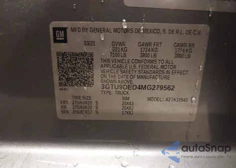 2021 GMC Sierra 1500 4Wd Short Box Slt z USA, uszkodzony, nr VIN 3GTU9DED4MG279562